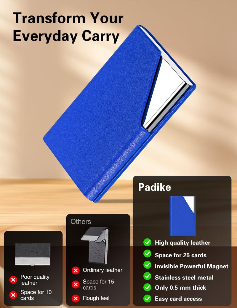 Padike Business Card Holder, Upgraded Leather Business Card Case Pocket Card Holders for Men or Women, Metal Slim Name Card Holder RFID Blocking Business Card Carrier with Magnetic Closure (Y-BU) - Image 2